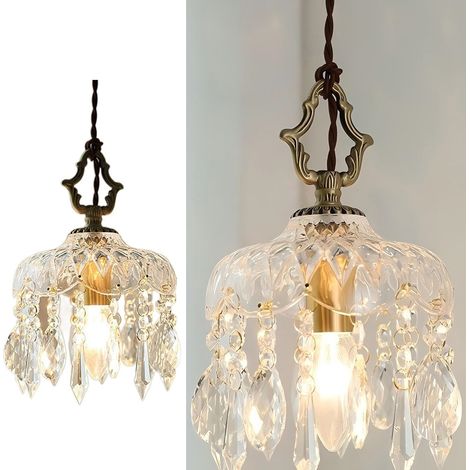 AUTRUCKER Petit lustre vintage en cristal, lampe suspendue en cuivre pour couloir, balcon,luminaire en verre pour porche, éclairage moderne tricolore-15x24CM
