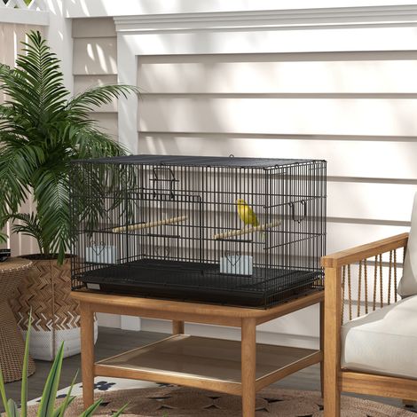 Vogelkäfig 77 x 46 x 45 cm, Metall, mit herausnehmbarer Schale, 2 Sitzstangen, 2 Futternäpfen, Schwarz