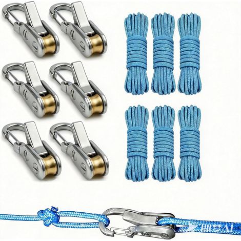 Lot de 6 Tendeur de Corde avec Poulie et 2 x 3M Cordelette Bleue, Sangle à Cliquet Automatique pour Voile d'Ombrage, Paracorde 4mm avec Tendeur de Fixation pour Tarp, Camping, Élagage et Jardin (1/5)