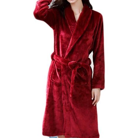 Peignoir de Bain Femme Flanelle Longue Doux et Confortable - Rouge 3 - Taille Unique (1/3)