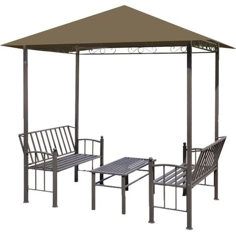 Gazebo de jardin, avec table et chaises, dimensions 2,5 x 1,5 x 2,4 mètres, brun grisâtre, 180 g/m². (1/5)