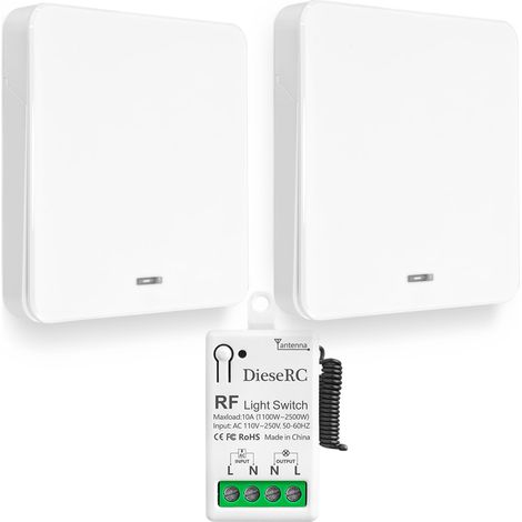 Interruptor de luz inalámbrico, interruptor transmisor RF para panel de pared tipo 86 y controlador-receptor de relé de 10 A, para luces de hasta 1500 W. (1/5)