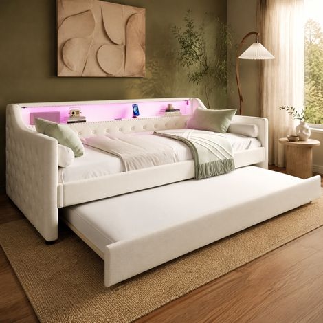 Letto daybed 90x200 cm in lino beige con letto estraibile, LED e USB, senza materasso – MEUBLIV (1/5)