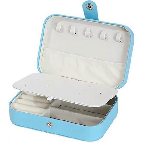 Boîte à bijoux de voyage pour femme, organisateur de bijoux portable pour bagues et boucles d'oreilles - Mini boîte à bijoux compacte avec crochets anti-nœuds et doublure en velours doux - Bleu (1/5)