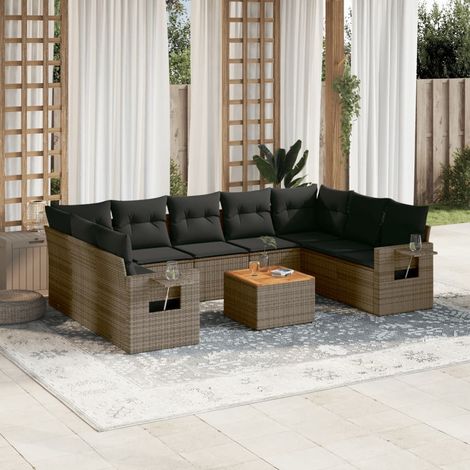 Salon de jardin bas 10 pcs en résine tressée gris avec meuble bas et coussins modulable - PANGIVO (1/5)
