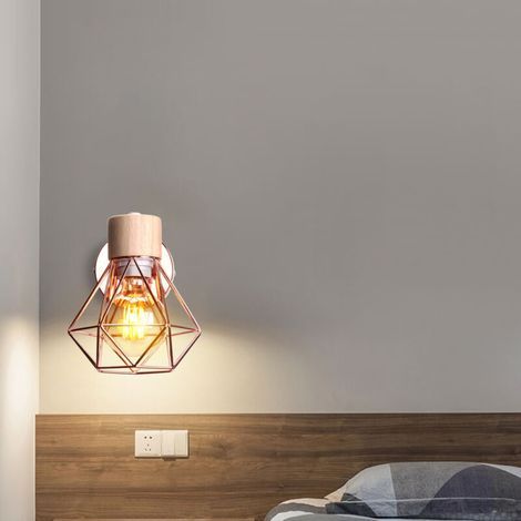 Lot de 2 appliques murales fer forgé bois E27 – Lampe diamant – Or rose – Parfaites pour boudoir, alcôve ou chambre d'amis (1/5)