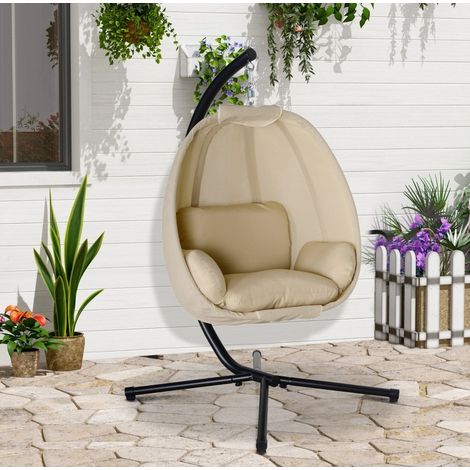 Chaise suspendue d'extérieur en métal kaki, forme œuf pliante avec coussin doux, 125 x 95 x 170 cm (1/5)