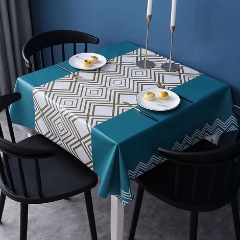 Nappe de Table PVC,Nappe rectangulaire,Nappe rectangulaire Anti Tache,Nappe Impermeable,Nappe Tache pour Picnic,Exterieur,Jardin,Géométrie,(Bleu)140x180cm (1/4)