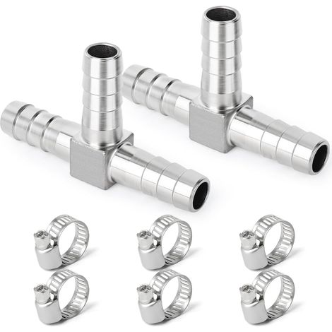2PCS 304 Raccords en acier inoxydable 6MM,3 Voie Raccord en T pour carburant/air/liquide/gaz avec 6PCS Hose Clamp (1/5)