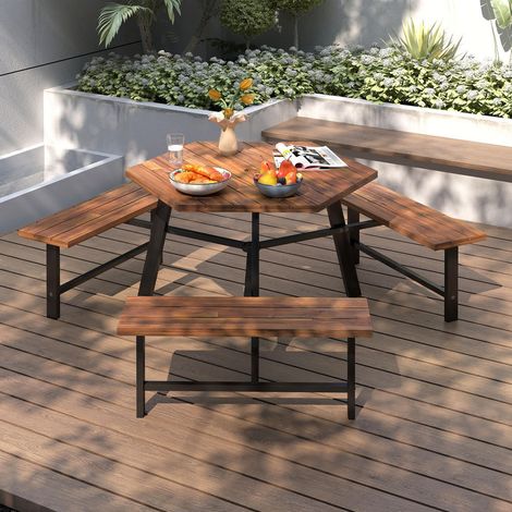 Pour jardin, cour ou café en terrasse, table de pique-nique 6 places avec trou de parasol et 3 bancs (1/5)