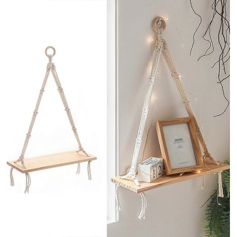 Étagère murale flottante en macramé tissé à la main, idéale pour la décoration de la chambre et du salon. (1/4)