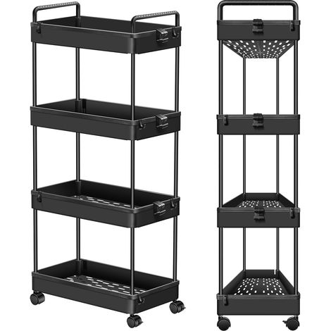 Chariot roulant à quatre couches avec roues et crochets, étagères de cuisine peu encombrantes, adaptées à la salle de bain, à la chambre à coucher, au bureau–chariot de salle à manger noir avec poigné (1/5)