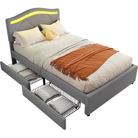 Polsterbett,  Bett mit Lattenrost (ohne Matratze), Mit LED-Leuchten, Bett mit zwei Schubladen, Verstellbares Kopfteil, Leinen, Minimalistisch