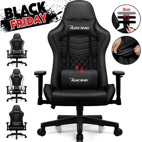 Authmic – Chaise gaming ergonomique inclinable 90° à 170° – Hauteur réglable – Accoudoirs ajustables – Coussins confort – Noir (1/5)