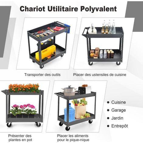 Transport d'outils et charge lourde chariot d'atelier 2 plateaux en acier avec roulettes pivotantes pour garage noir (1/5)