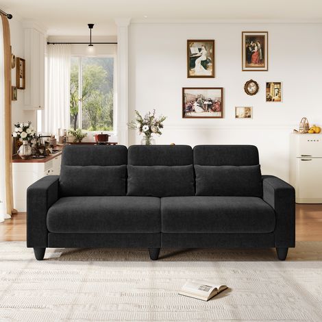 Dreisitzer-Sofa aus schwarzem Chenille-Gewebe, integriertes Lendenkissen + abnehmbares waschbares Kissenbezug für Kissen, Federkernkomfort, 220x81x88cm