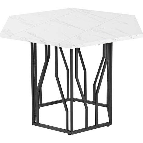 Table à manger hexagonale moderne avec plateau MDF effet marbre et piètement métal noir (1/5)