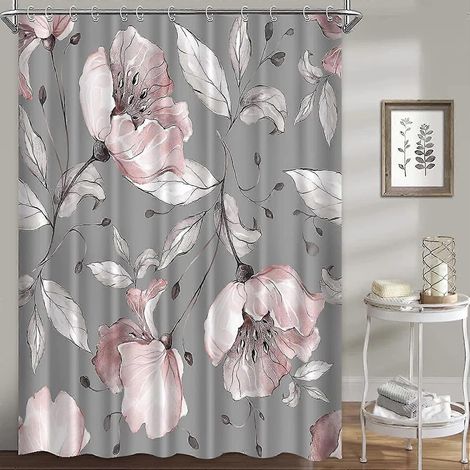 Rideaux de douche à motifs floraux pour salle de bain, ensemble de rideaux de douche roses roses et grises sur fond bleu, en tissu imperméable et lavable. (1/5)