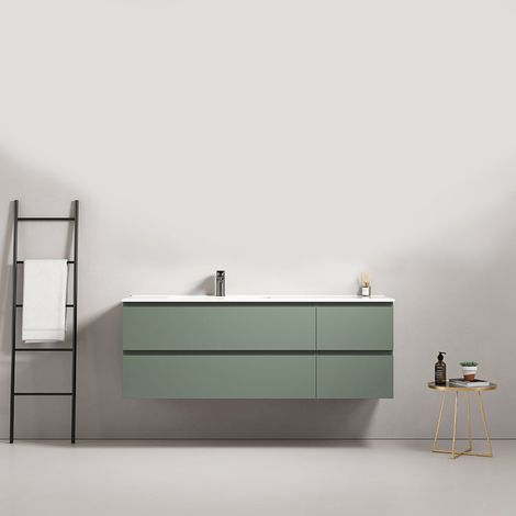 Mobile bagno sospeso 140 cm Verde Salvia Lavabo a Sinistra in Resina Senza Specchio - Fiji Paint (1/4)