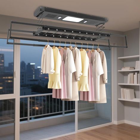 Étendoir électrique avec télécommande, sèche-linge de plafond avec éclairage LED, 2 ventilateurs, fonction de stérilisation par lumière bleue, étendoir mural pour balcons (1/5)