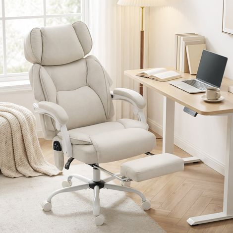 Silla de Escritorio Reclinable con Masaje Vibratorio de 6 Puntos Calor Lumbar Reposacabezas Ajustable Reposapiés Crema
