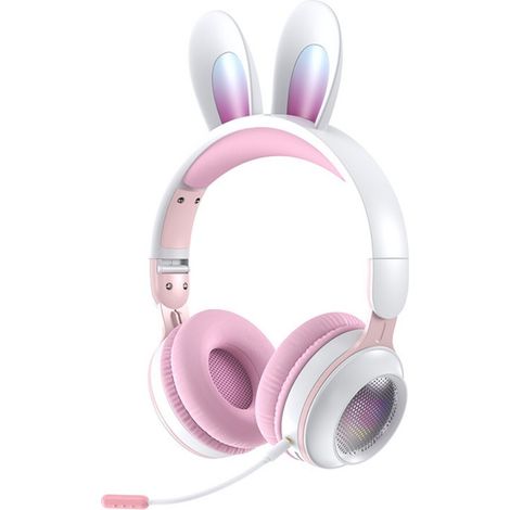 Casque audio sans fil Bluetooth pour enfants avec micro, design oreilles de lapin, parfait pour l'école et les loisirs (rose et blanc) (1/5)