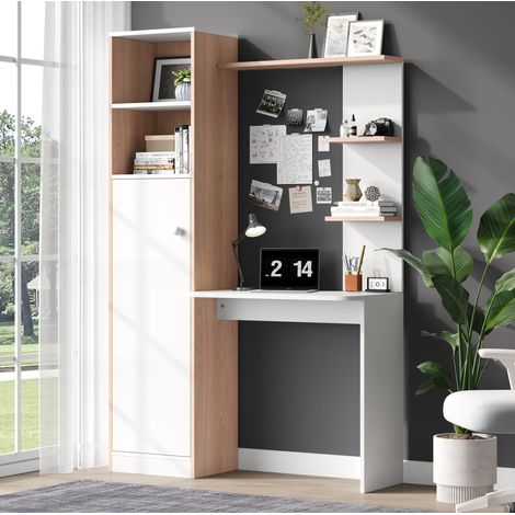 Bureau en MDF avec rangement et étagères, blanc et naturel, 123,5 cm, gain de place (1/5)