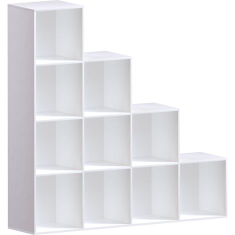 Durham 10 Cube Bookcase Staircase Shelf Wooden Display Storage Rack Free Standing Shelf Unit, White-5-White-Baskets