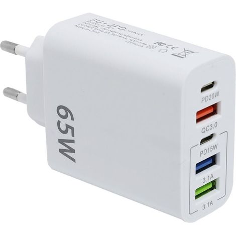 Schnellladegerät mit USB-C-Anschluss, 65 W, 5-Port-Multi-USB-Adapter, QC3.0-Schnellladegerät für iPhone 14/13/12/11/XS/X, Samsung Galaxy S23, S22, S21 (1/4)