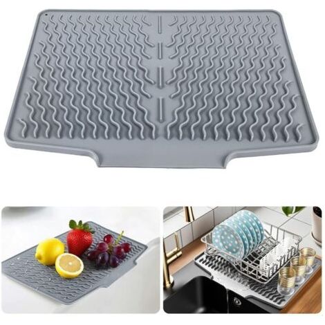 Tapis Egouttoir Vaisselle, Antidérapant Tapis de Séchage Vaisselle en Silicone, Tapis de Drainage de Cuisine pour Evier, Égouttage Efficace et Maintenir la Surface Sèche, 39.6x32.7cm, Gris (1/4)
