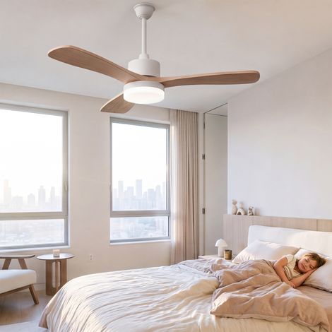 Ventilateur de plafond avec lumière LED, 6 vitesses, Ø106 cm , 3 pales en bois massif, réversible été/hiver – Bois naturel