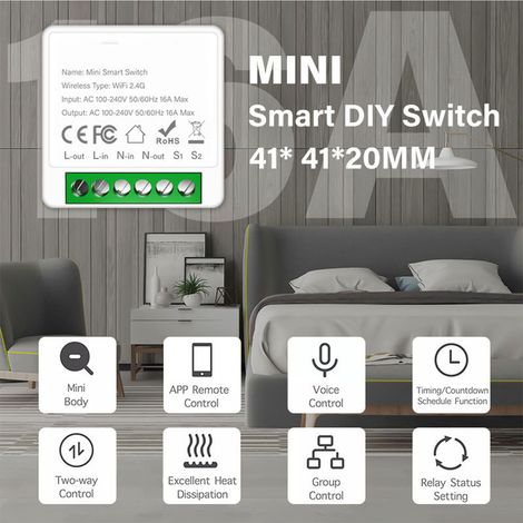 Interrupteur intelligent 16A pour la maison avec contrôle à distance via application. Mini interrupteur intelligent Wi-Fi compatible avec Tuya. (1/5)