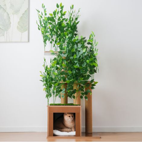Árbol para gato 158 cm en forma de árbol, 3 plataformas y nicho, MDF resistente, hojas removibles, anti-vuelco, verde (1/5)