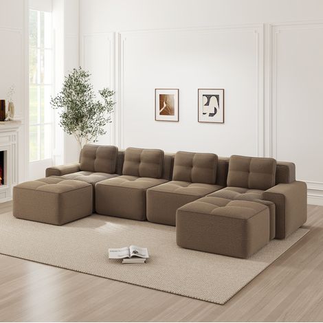REDOM - Canapé modulable 4 places, assise profonde, sans montage, base antiglisse, velours côtelé marron (1/5)