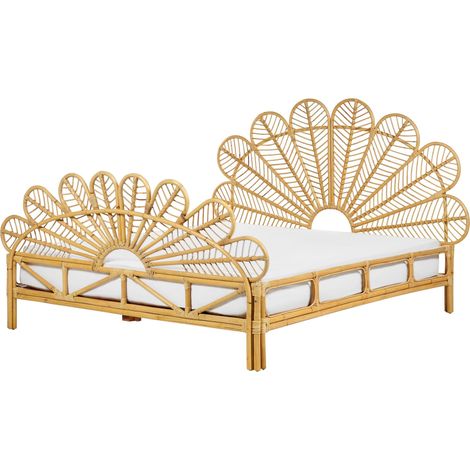 Letto matrimoniale in rattan con rete in legno chiaro e pannello intrecciato 160 x 200 cm Florentine