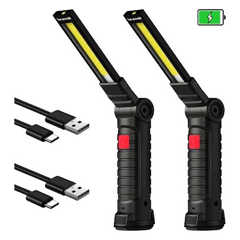 Juego de 2 Lamparas Linternas de Taller LED recargables USB con rotación 360°,  Iman y 5 modos de luz  1500 mAh, 500 Lm