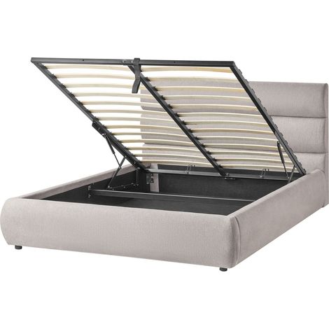 Slatted Bed Frame Grey Linen Fabric Upholstered Plastic Legs Ottoman Storage 4ft6 EU Double Size Modern Design BONIFACIO