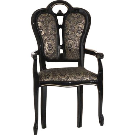 Fauteuil bois vernis laqué brillant et assise tissu noir avec motifs dorés Kerla (1/3)