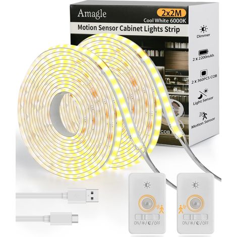 2 Pièces COB Ruban Bande LED USB Blanche 2M Chambre Lumiere 2200mAh Pile Interieur Nuit Veilleuse Détecteur de Mouvement Rechargeable Bandeau LED Strip Lights TV Escalier Placard Lampe Sans Fil (1/5)