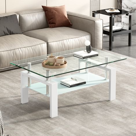 Table basse en verre trempé 2 niveaux 100x60x44 cm structure métal blanche REDOM (1/5)