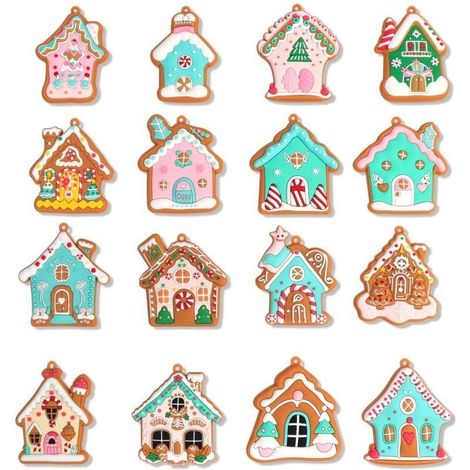 Lot de 16 décorations de Noël en forme de maison en pain d'épices, idéales pour décorer un sapin de Noël. (1/4)