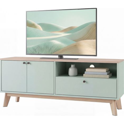 Meuble TV 120 cm, meuble télé pour téléviseur jusqu'à 36 pouces avec 2 portes, tiroir, compartiment ouvert, vert clair