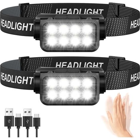 2er-Pack wiederaufladbare LED-Stirnlampe, superhell, 2500 Lumen, 5 Beleuchtungsmodi, leicht, IPX6 wasserdicht, leichter Sensor, für Outdoor, Camping, Laufen, Angeln, [Energieklasse A+++] (1/5)