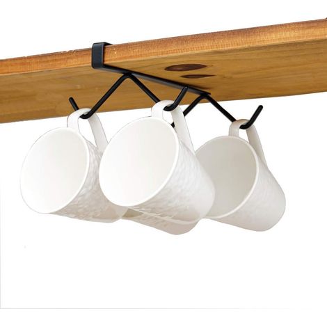 Kaffeetassenhalter, Unterregal-Tassenständer, Küchenabtropfgestell, Edelstahl (4 schwarze Haken) (1/2)