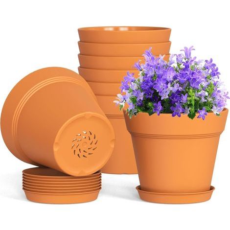 10 Pièces Pots de Fleurs en Plastique, 15CM Pot Épais Pot de Semis avec Contrôle des Racines avec Trou de Drainage et Soucoupe pour Plantes Fleurs Herbes Succulentes Cactus (Terre Cuite) (1/5)