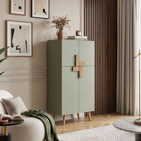 Creahappy Buffet Haut de Cuisine 60x35x120 cm - Meuble Rangement Gain de Place 4 Portes - Style Scandinave en MDF - Vert Sauge (1/5)