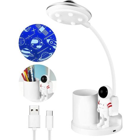 Lampe de Bureau Enfant LED 5W, Lampe de Table Sans Fil Dimmable Rechargeable avec Porte-stylo et Projection, Lampe de Lecture Liseuse Col de Cygne Flexible pour Bureau Salle D'étude (blanc) (1/5)