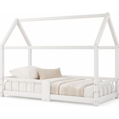 Letto a casetta per bambini 90 x 200 cm in legno di pino con lavagna, sponde anticaduta e rete a doghe, bianco, struttura robusta per cameretta - CHICFURN (1/5)