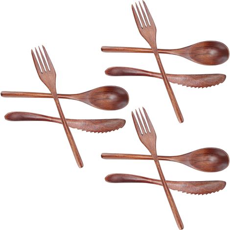 Ensemble de 3 couverts en bois (fourchette, cuillère et couteau) pour la cuisine, idéal pour la maison, les cafés et les restaurants. (1/5)