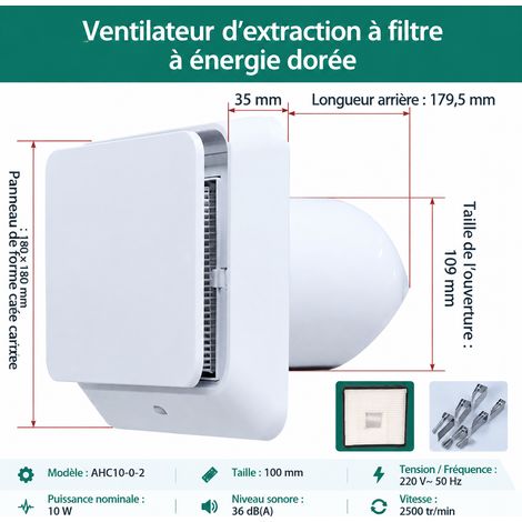Aérateur insufflateur d'air frais mural et fenêtre filtre PM2.5 modèle AHC10-0-2 spécification AHC10-0-2 10W 100 mm 45,7 × 18,4 × 19 cm 4 kg – Livraison gratuite